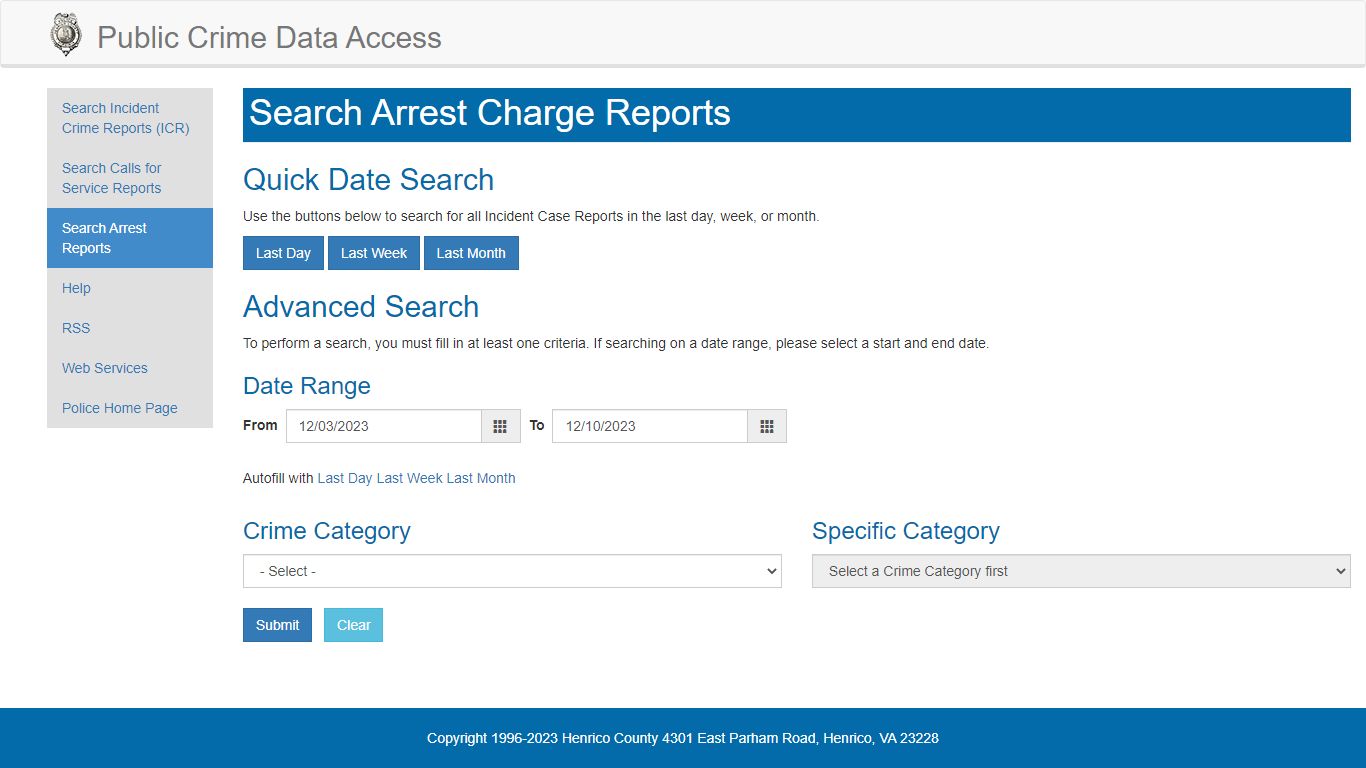 Arrest Charge Report Search - Henrico County Police Department